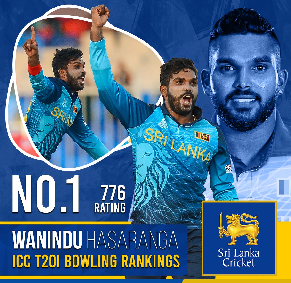 OfficialSLC's tweet photo. Things you love to see 😍

No.1 T20I bowler in the world - Wanindu Hasaranga 🙌
🌎 1️⃣ https://t.co/bQezFxiKas