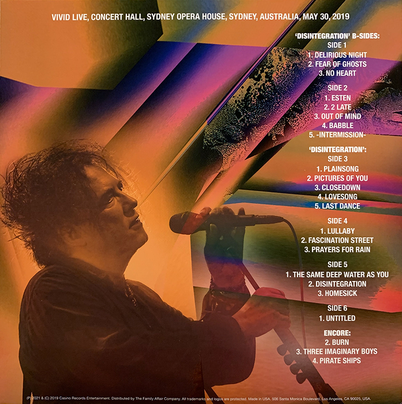 THE CURE 3xLP HOLDING YOU CLOSE - Disintegration 30th Anniversary (Green Colour)
Últimas copias a la venta en nuestra web!
Conciertazo grabado en directo en el Vivid Live, Concert Hall, Sydney Opera House, Sydney, Australia, May 30, 2019
Por primera vez en vinilo