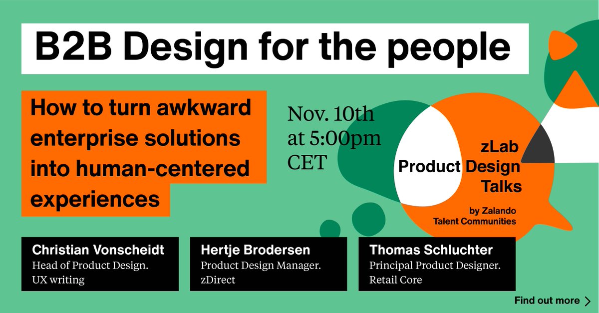 ZalandoTech's tweet photo. Join us on November 10th at 5:00pm CET for the first zLab Product Design Talk, about the joys and challenges of designing for the businesses and enterprises we partner with.

Sign up here:  https://t.co/0FaZescoG7 https://t.co/AR6snLQw86