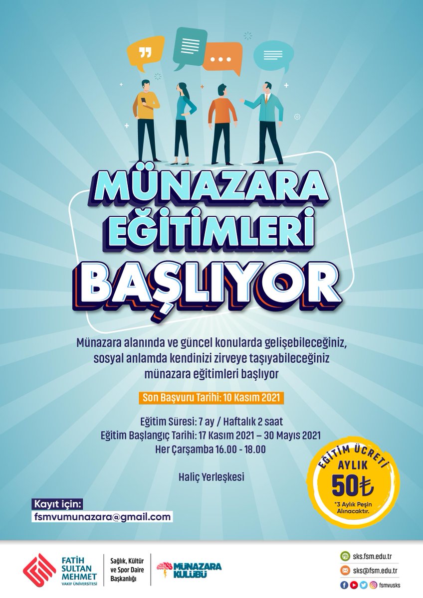 📢Münazara Eğitimleri Başlıyor!

Münazara alanında kendini geliştirmek isteyen öğrencilerimiz kayıt için geç kalmayın!😊

Son başvuru tarihi: 10 Kasım 2021

Detaylı bilgi ve kayıt için👉 <a href="/fsmvu_munazara/">FSMVÜ MÜNAZARA KULÜBÜ</a> 
<a href="/fsmvu/">Fatih Sultan Mehmet Vakıf Üniversitesi</a>