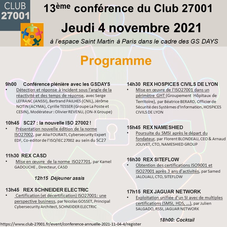 Club27K's tweet photo. La conférence du Club27001 c'est #demain !
#ISO27K #CyberSecurity https://t.co/VuHK2OZMeS