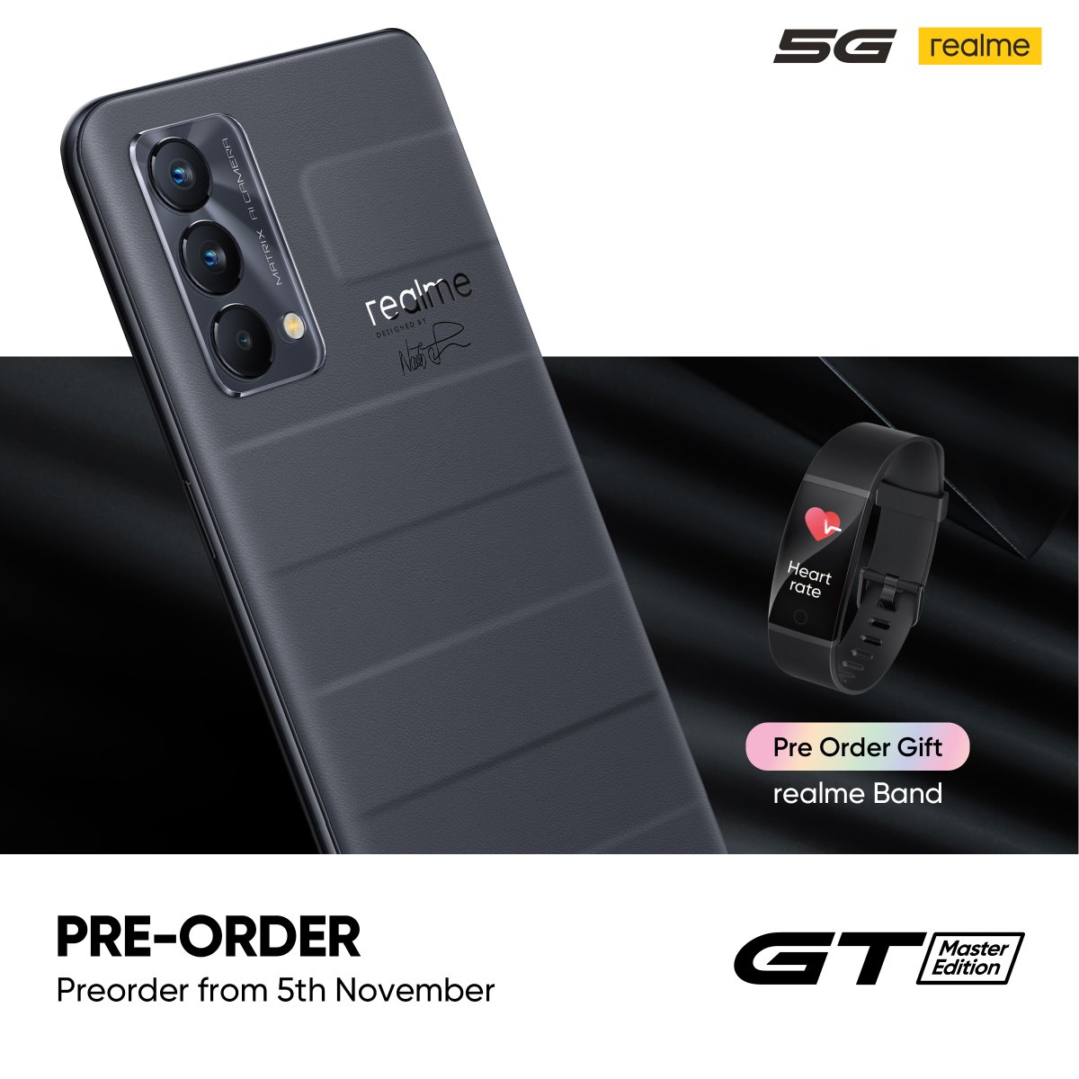 pakistan_realme's tweet photo. For those who can't wait to hold the all-new #realmeGTMasterEdition. The pre-orders will be started from the 5th November right after the realme 11.11 Launch Show - GT Master Edition. On the pre-order, you will get free #realmeBand. And don't forget to.... https://t.co/b6BK5JPVBt https://t.co/FyF3cLUg5j