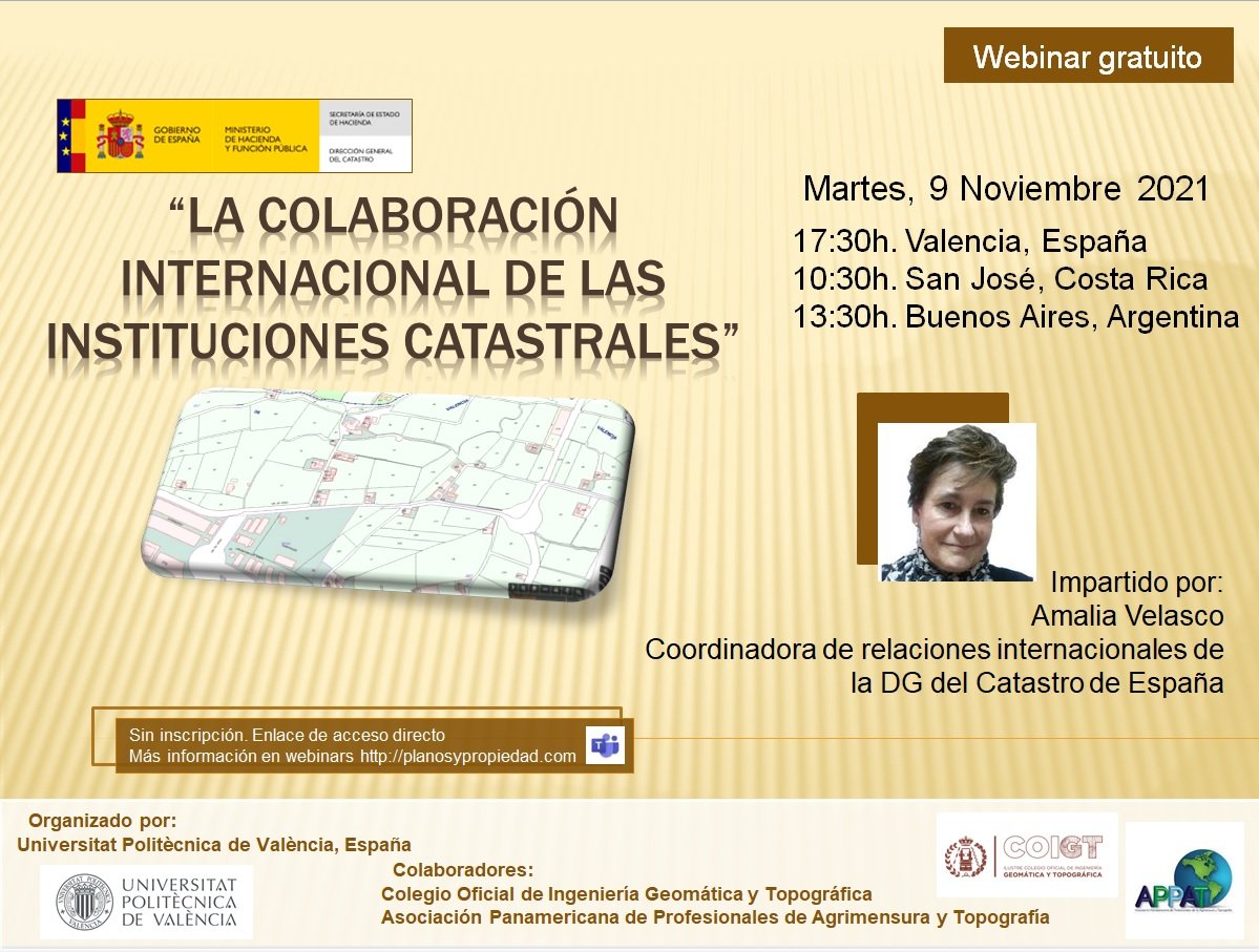 ICOIGT's tweet photo. Webinar gratuito de Administración de Tierras: La colaboración internacional de las instituciones catastrales, tendrá  lugar el próximo martes, 9 de noviembre.

#COIGT #Eventos 

+ Info: https://t.co/NuQxPYgsWL https://t.co/AxWA9KW25D