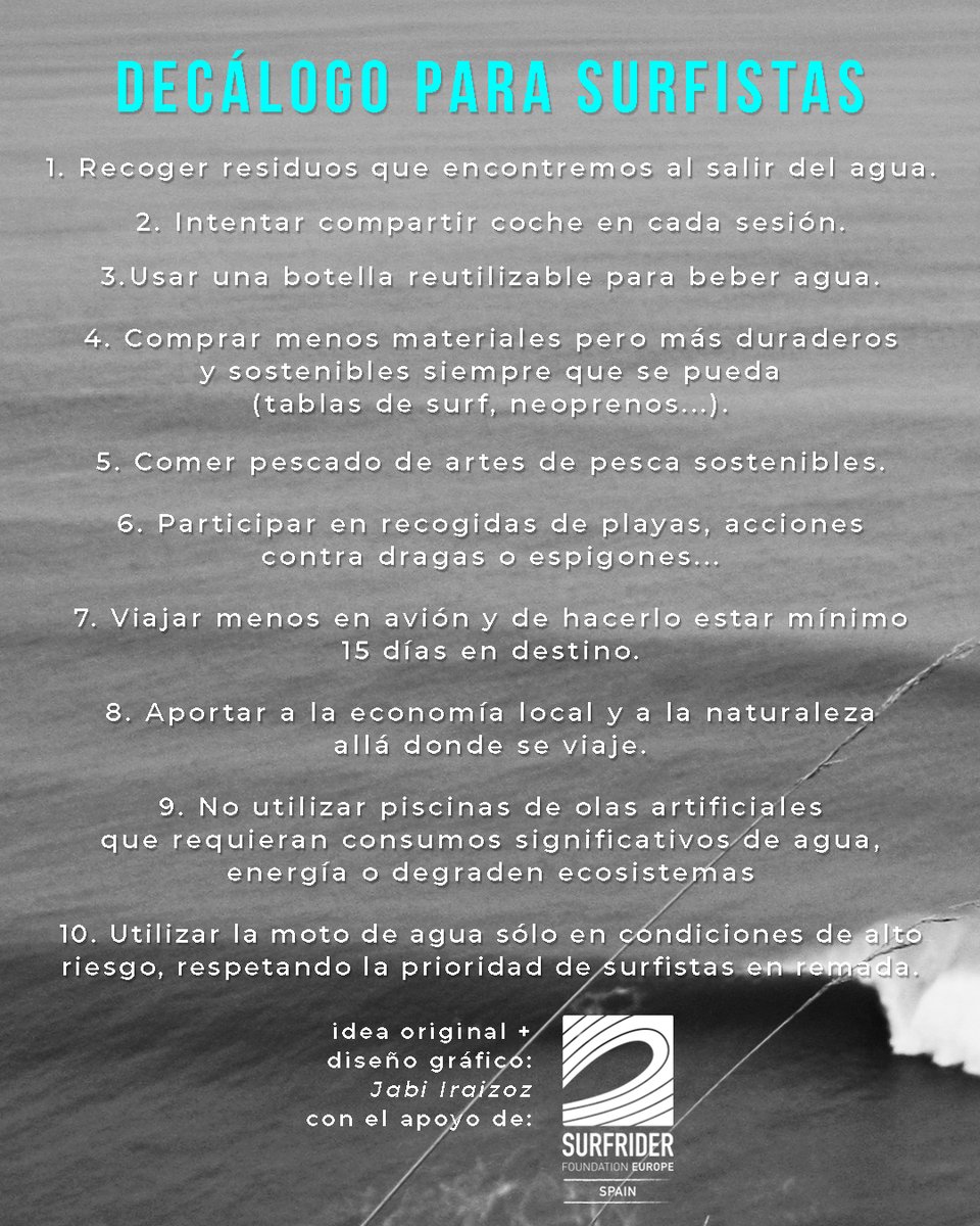 🌊Decálogo para Surfistas 🏄🏽‍♀️
ideado por <a href="/kukurustan/">kukurusta</a> recoge 10 ideas para la sostenibilidad en el surf 

🌟 El decálogo está disponible en varios idiomas y se puede descargar en nuestra bio. ¿Qué os parece?

#surfsostenible #surf #Naturaleza #comunidad