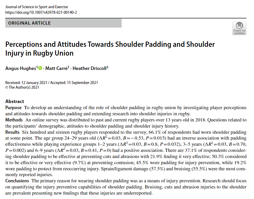 Took a while, but happy to get this paper on the attitudes of rugby players towards shoulder padding published in the Journal of Science in Sport and Exercise. doi.org/10.1007/s42978…
<a href="/MattJCarre/">Matt Carré</a>