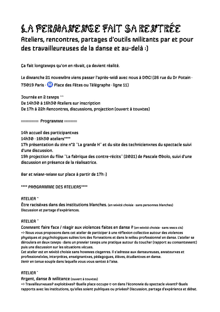 permanence_la's tweet photo. LA PERMANENCE FAIT SA RENTRÉE!
Ateliers, rencontres, partages d’outils militants par et pour des travailleureuses de la danse et au-delà.
Le dimanche 21 novembre DOC! 26 rue du Dr Potain à Paris
14h30 à 16h30 Ateliers sur inscription
17h à 22h Rencontres, discussions, projection https://t.co/ql0kRUTgRE