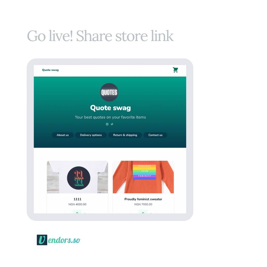 How to create your online store in 5 mins or less.

1. Visit our website vendors.so 
2. Create a free account
3. Add your your products
4. Go live and share your store link with customers 🚀