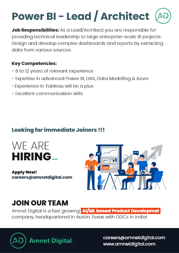 DigitalAmnet's tweet photo. We are Hiring Power BI Lead Architect
Visit our careers page https://t.co/rlLff3Jwsr for more details and explore all openings.
#PowerBI #LeadArchitect #dax #datamodeling #Azure #tableau #openings #nowhiring #hiring #careers #recruitment #jobs #jobsearch #recruiters #vacancy https://t.co/9d1W1nHB9A