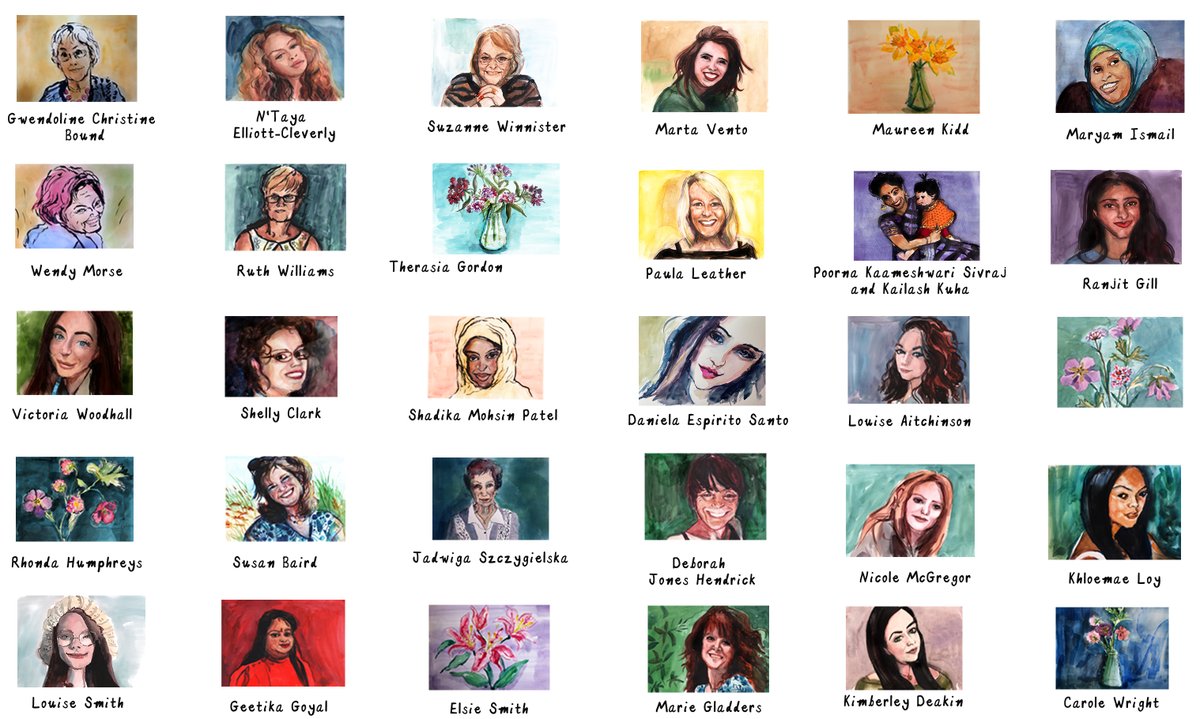 HennyBeaumont's tweet photo. #SayHerName  
Here are all my portraits  (named) of the 118 women killed by men last year named by @jessphillips
To remember, honour &amp; make these women visible please RT donate 🙏https://t.co/u4wUjjwLo5  help @centreWJ @femicidecensus
 to raise awareness. Never forget.💔 https://t.co/hd1TFPF17B