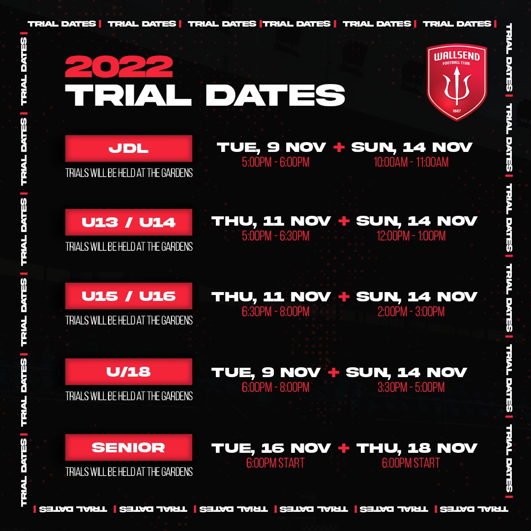 🔱 𝟮𝟬𝟮𝟮 𝗧𝗥𝗜𝗔𝗟𝗦 🔱

We've locked in our Trial Dates for our JDL &amp; Northern League One Squads for next season!

See the details below - all players are to arrive 15 minutes beforehand, and all trials will be held at The Gardens.

#WFC1887 | #COYRD