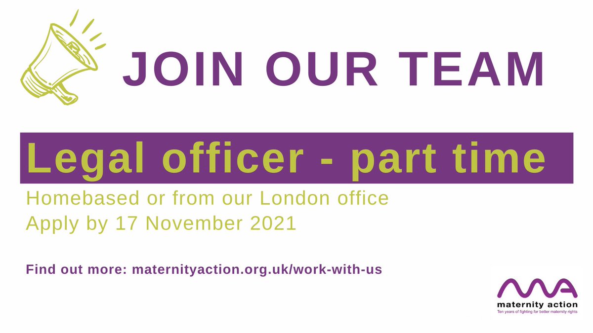 📢We're looking for a part time legal officer to join the Maternity Action team helping deliver casework on #maternityrights and benefits. 

✅Closing date 17 November
✅Part-time, 18 hours a week
✅Full application details maternityaction.org.uk/work-with-us

#legaljobs #charityjobs