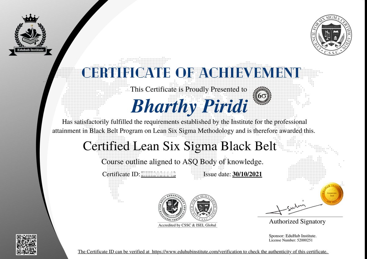 Join us in congratulating 👉 Bharthy Piridi for becoming a Licensed #Lean #SixSigma #blackbelt  Certified Professional.
✅✅#CLSSBB.
👍 👍Many congratulations again and wish you a lot of success in your career.

#Eduhubinstitute wishes you all the best for your future journey.