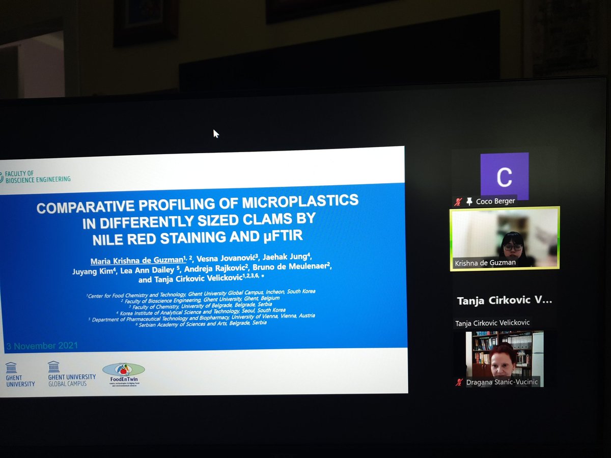 FoodEnTwin's tweet photo. Maria Krishna de Guzman talking about micropastics in clams during the Foodentwin webinar. @FoodEnTwin #Foodentwin #microplastics @ugentkorea https://t.co/0oRv5ohVdX