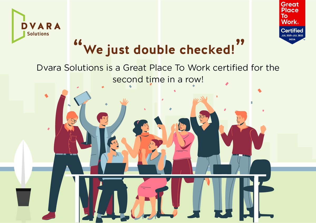 dvarasolutions's tweet photo. We are thrilled to announce that #DvaraSolutions has been certified as a #GreatPlaceToWork for the second time in a row! 

#greatplacetoworkindia2021 #GreatPlaceToWorkIndia https://t.co/U3lP9YcZ2e