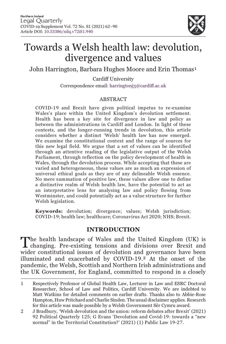 <a href="/harringtonj3/">John Harrington</a> <a href="/Barbara_Elin/">Dr. Barbara Hughes-Moore</a> <a href="/erinthomas2201/">Erin</a> <a href="/CardiffLaw/">Cardiff Law</a> 

‘Towards a #Welsh #healthlaw: #devolution, #divergence and #values’.

DOI doi.org/10.53386/nilq.….