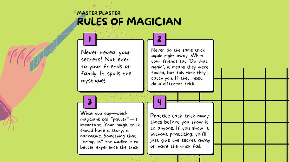 MasterPlasterSM's tweet image. So you’d like to learn some magic? Great! Here are some success guidelines. 🧙✨

#MagicForKids #RulesOfMagician #SecretOfMagician #MasterPlaster #Magic #Magician