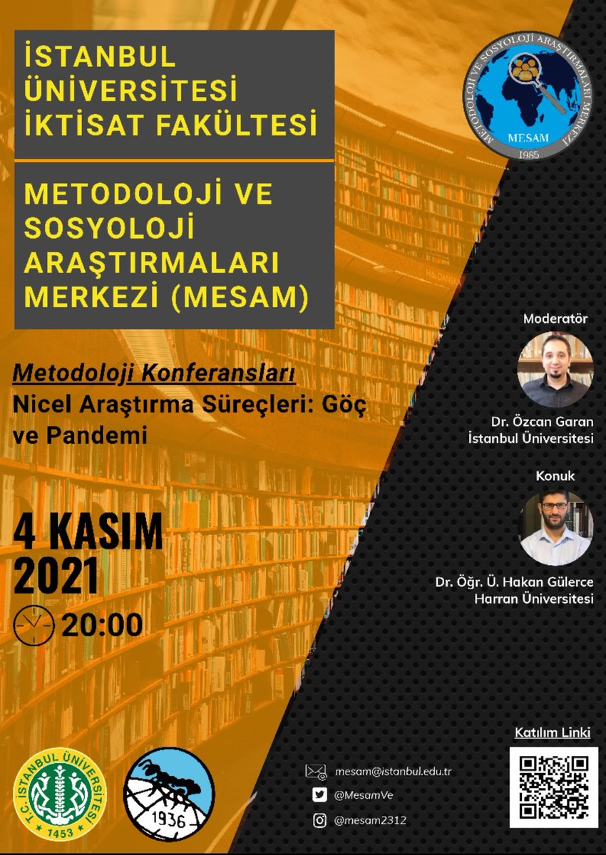 Merkezimiz <a href="/MesamVe/">MESAM İÜ İktisat Fakültesi</a> Metodoloji ve Sosyoloji Konferanslarına başlıyor. Dr. Özcan Garan'ın <a href="/ozcangaran/">Özcan Garan</a> moderatör ve Dr. Öğr. Üyesi Hakan Gülerce'nin <a href="/HakanGulerce/">Hakan Gülerce</a> konuk olacağı "Nicel Araştırma Süreçleri: Göç ve Pandemi" başlıklı konferansımız 4 Kasım'da Saat 20'de yapılacaktır.