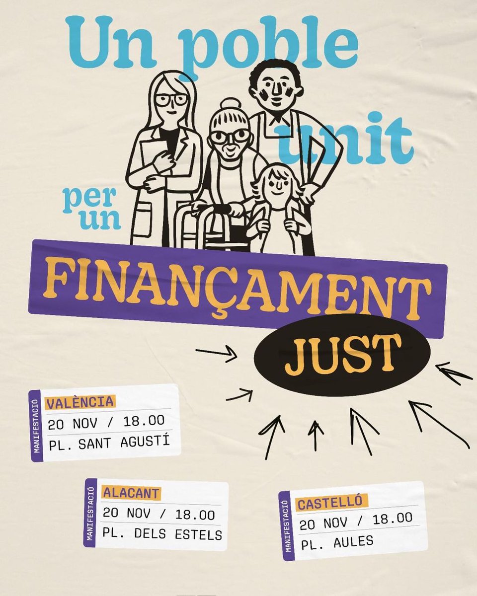 Hem sigut més que pacients. És intolerable que el govern central no complisca amb la seua paraula.

No volem més que ningú, volem un #FinançamentJust

Baixa al carrer i participa!

🗓 Dissabte, 20 de novembre
⏰ 18:00h
📍 Pl. de Sant Agustí, València
