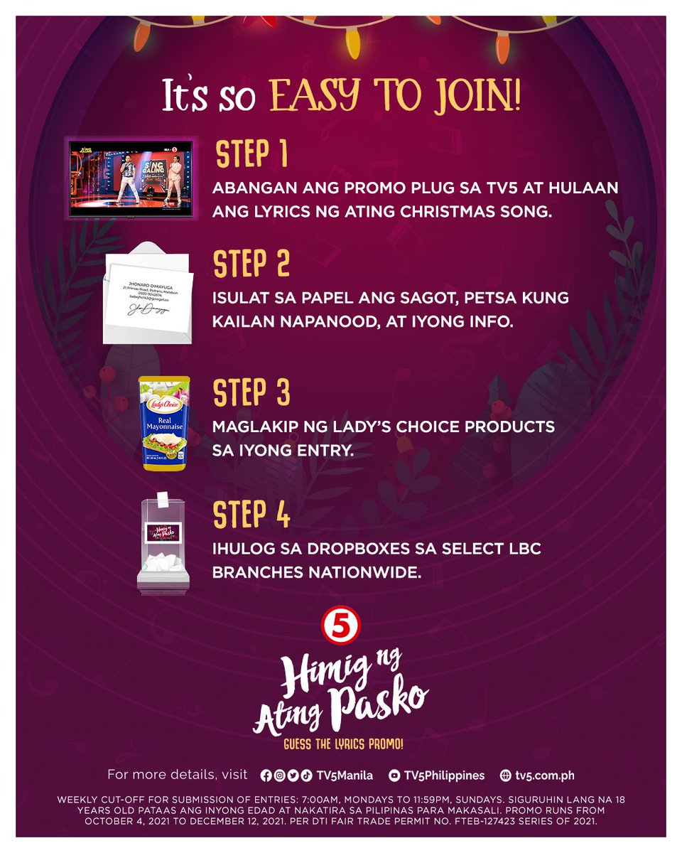 TV5manila's tweet photo. Gusto mo ba ng 20K weekly? Eh ng 1 MILLION pesos sa Grand Draw? 🤩 Sundin lang ang instructions ⤵️ dahil baka ikaw na ang magiging milyonaryo at magkakaroon ng pinakamasayang Pasko!

#AtinAngPasko https://t.co/4ErnIAiQRD