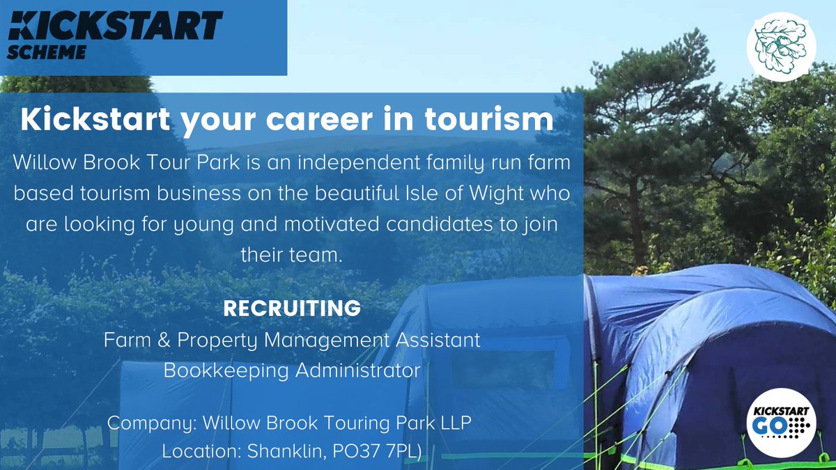 #Kickstart your career in #tourism at Willow Brook Touring Park on the beautiful #IsleofWight 🏕️ 

Farm &amp; Property Management Assistant: buff.ly/2Zu8BmT

Bookkeeping Administrator: buff.ly/3EpxEXo

Talk to your Work Coach to apply.

<a href="/JCPinHants_IOW/">JCP in Hampshire</a>