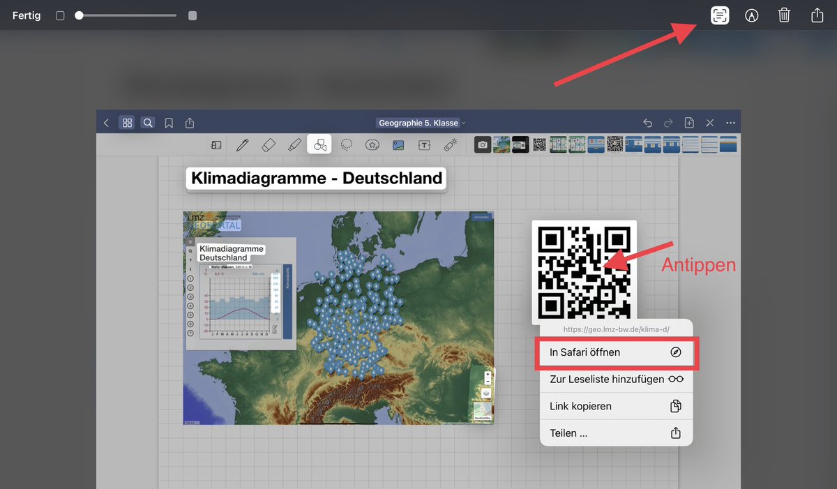 FBergwitz's tweet photo. Kleiner Alltags-“Hack“: Mit der Text-Scan Funktion in PadOS15 lassen sich auch QR Codes auslesen. Sehr praktisch für ABs, z.B. für Lösungshinweise von Aufgaben (ohne Link).
1. Screenshot erstellen
2. Text-Scan Symbol rechts auswählen
3. QR Code antippen
#edubw #twlz #pados15 https://t.co/cyc4pvm0qB