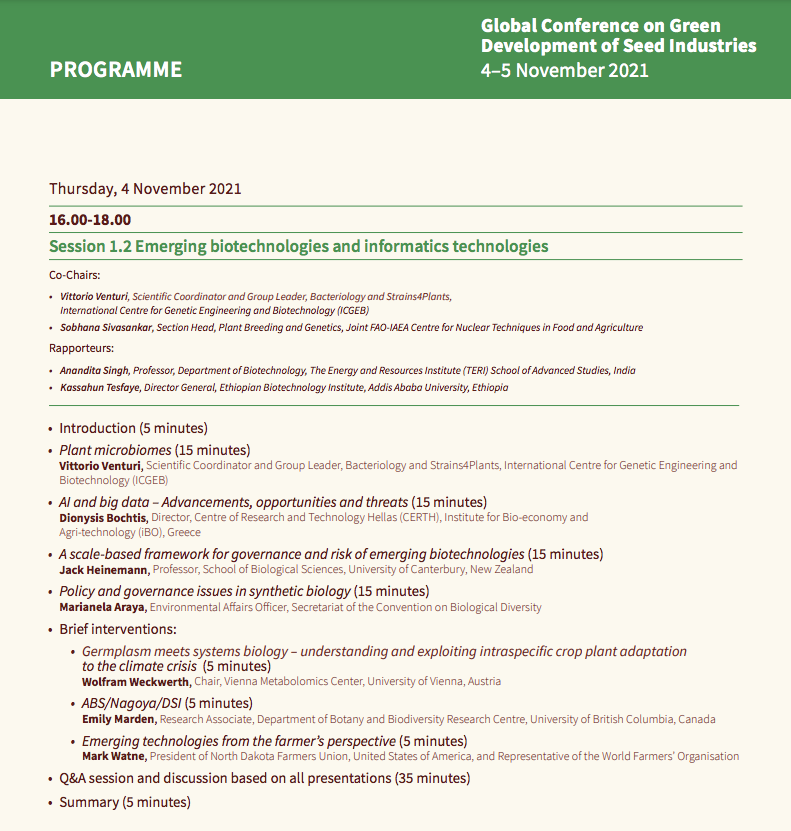 Emerging #Biotechnologies &amp; informatics technologies <a href="/FAO/">Food and Agriculture Organization</a> Global Conference with  Vittorio Venturi, ICGEB &amp; guest speakers <a href="/Kassahun_T2016/">Kassahun Tesfaye</a> <a href="/bioandemerging/">Ebti</a> <a href="/terischool/">TERI School of Advanced Studies</a> <a href="/CIGR1930/">CIGR</a> <a href="/Jack_Heinemann/">Jack Heinemann</a> <a href="/WeckwerthWolf/">Univ.-Prof. Dr. Wolfram Weckwerth</a> <a href="/MarkWatne/">Mark Watne</a> <a href="/worldfarmersorg/">WFO</a> 📝Register👉bit.ly/3GPSQZ0