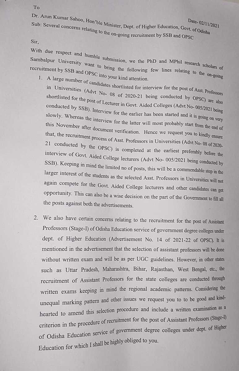 AnsumanDas16's tweet photo. Dept. of Higher Education, Govt. of Odisha With due respect and humble submission, we the research scholars of Sambalpur University want to bring the following few lines relating to the on-going recruitment SSB and OPSC into your kind attention.@dr_arunsahoo @CMO_Odisha @opsc https://t.co/AL7oLEGw80