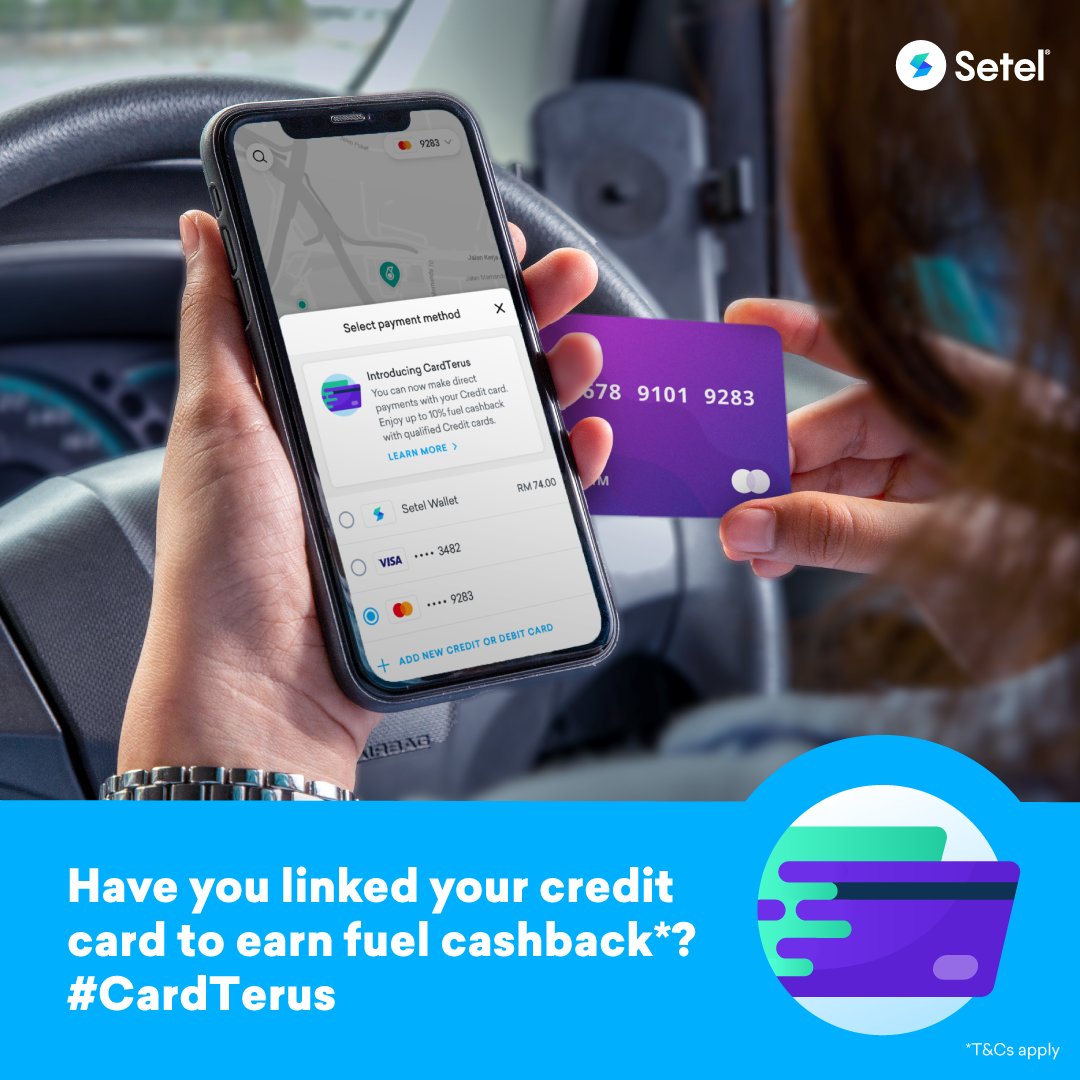 setel's tweet photo. ⛽RON97 up by RM0.09sen/litre, while others remain unchanged.
#CardTerus enables you to pay for your fuel with your credit card without having to top up your Setel Wallet. Better yet, you get to earn fuel cashback from participating banks too! How cool is that? 🤩 https://t.co/Y6FBq3rpbU