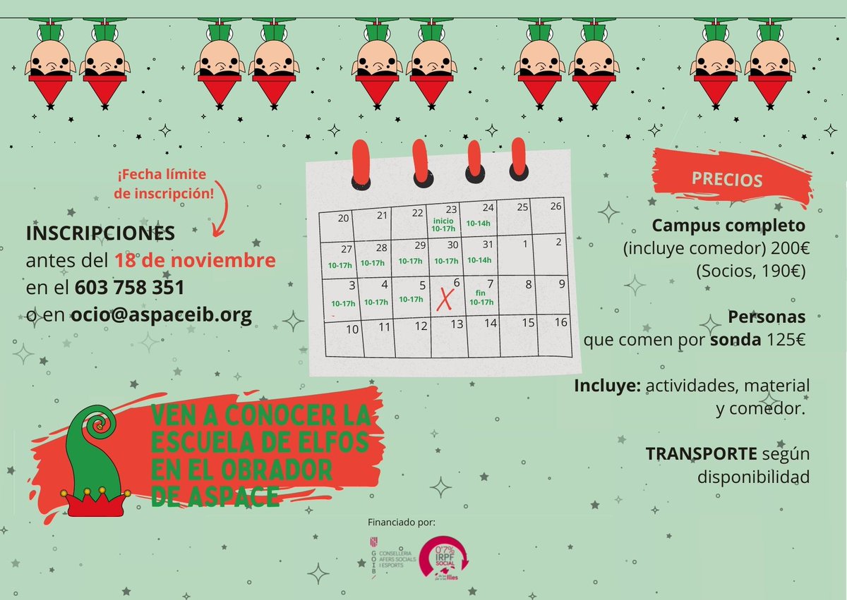 aspaceib's tweet photo. [#OcioAspace] 🎅🧑‍🎄 ¡Se acerca el Campus de Navidad!
✅ Campus Mini
✅ Campus Plus

Más detalles:

📅 Del 23 al 7 de enero (Consulta el calendario en las imágenes)
📲 Apúntate antes  del 18 de noviembre
ℹ 603 758 351 o ocio@aspaceib.org https://t.co/NVi5djwt0k