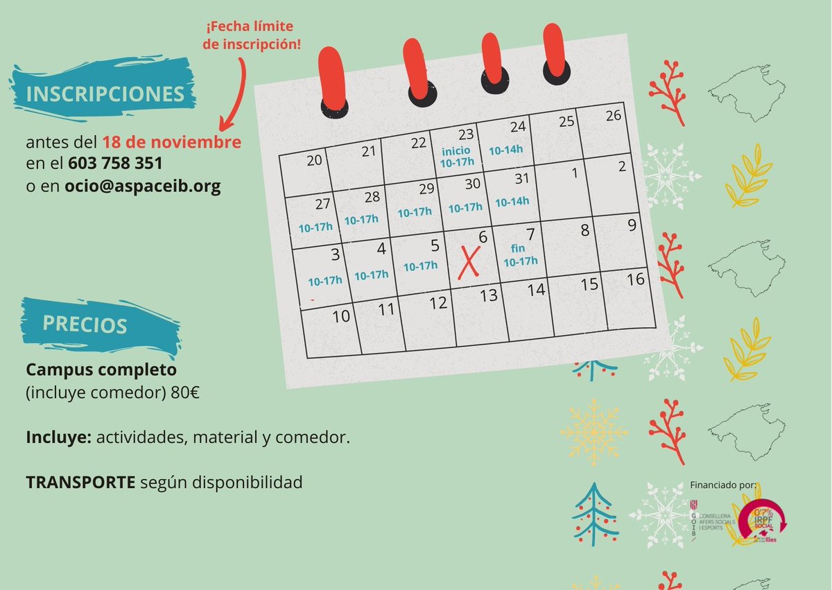 aspaceib's tweet photo. [#OcioAspace] 🎅🧑‍🎄 ¡Se acerca el Campus de Navidad!
✅ Campus Mini
✅ Campus Plus

Más detalles:

📅 Del 23 al 7 de enero (Consulta el calendario en las imágenes)
📲 Apúntate antes  del 18 de noviembre
ℹ 603 758 351 o ocio@aspaceib.org https://t.co/NVi5djwt0k
