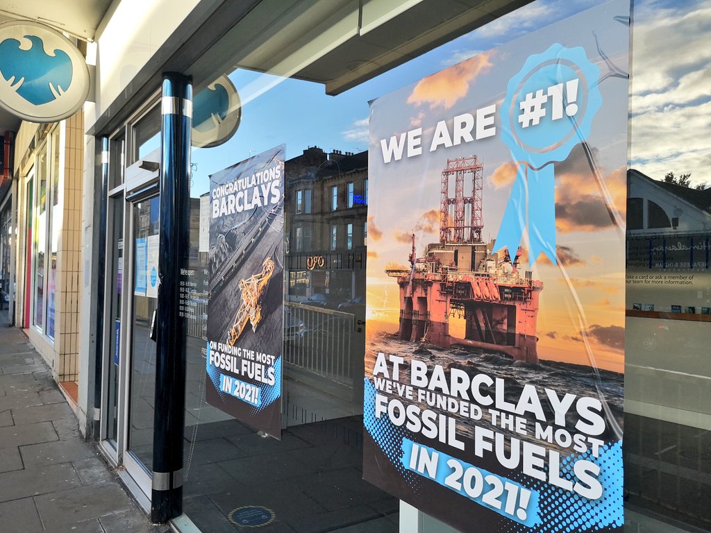 Morning <a href="/Barclays/">Barclays Bank</a> - we wanted to say congratulations for funding the most fossil fuels between January and #COP26, so we redecorated your Glasgow Southside branch 😍