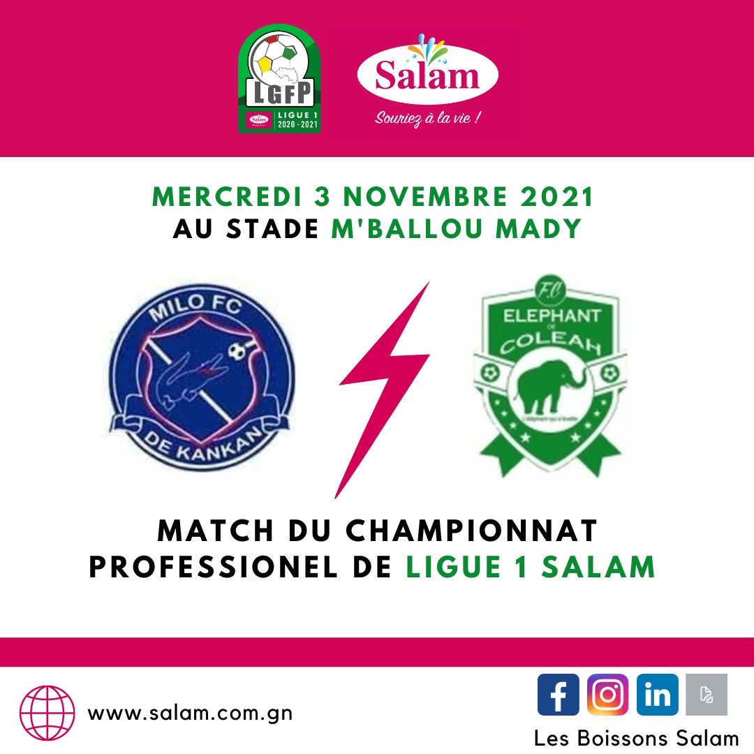 Salam_GN's tweet photo. Aujourd’hui, l’équipe Milo FC de Kankan affronte l’équipe Eléphant de Coleah au stade M’Ballou Mady ! Soyez présents pour soutenir votre équipe et profitez-en pour déguster les boissons rafraichissantes de Salam !
#Sonocovision #Afiguinee #Salam #LGFP #Footlocal #Ligue1Salam https://t.co/yC8nYUC8T6
