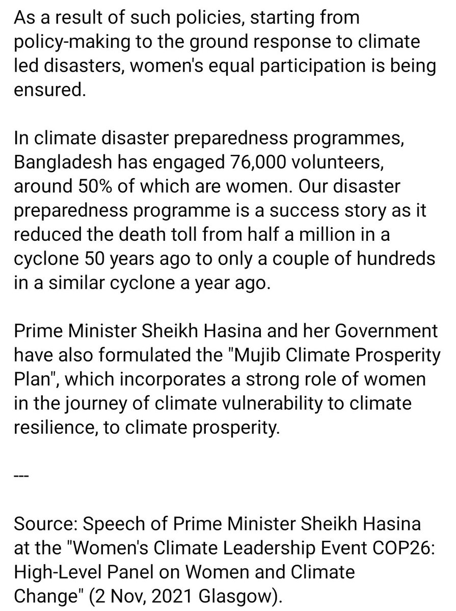 How Prime Minister #SheikhHasina's Government prioritised the role of #women in #climatechange and #disaster preparedness policies of #Bangladesh: 
See: shorturl.at/wAHJS
@UN_Women @w_participation @COP26 #COP26 #WomenLeadingonClimate