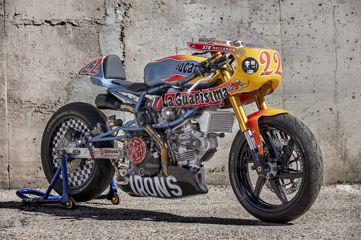 TheDailyRideUp's tweet photo. “Hot Wheels”

‘La Guapísima’, A 900cc Cagiva Elefant by XTR Pepo.

Grab Bag
* 900cc
* 2 into 1 Wolfman exhaust system
* Custom made in house bodywork
* Ohlins rear shocks
* Hyosung GT650 front forks
* Domino quick action throttle 
#TheRideUp #motorcycle https://t.co/Ct0fa2PEAJ