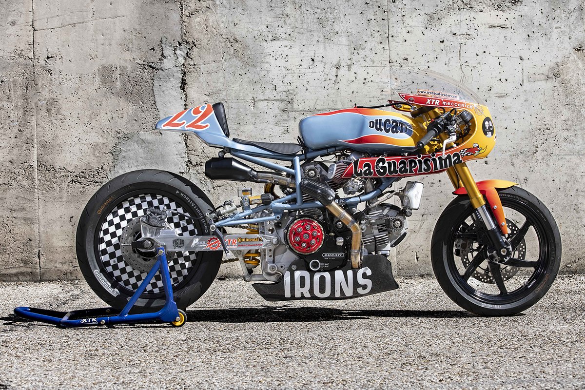 TheDailyRideUp's tweet photo. “Hot Wheels”

‘La Guapísima’, A 900cc Cagiva Elefant by XTR Pepo.

Grab Bag
* 900cc
* 2 into 1 Wolfman exhaust system
* Custom made in house bodywork
* Ohlins rear shocks
* Hyosung GT650 front forks
* Domino quick action throttle 
#TheRideUp #motorcycle https://t.co/Ct0fa2PEAJ