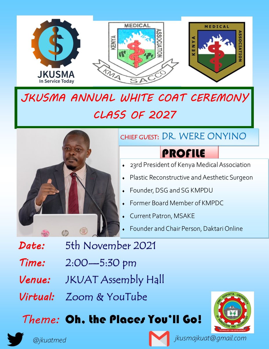 DiscoverJKUAT's tweet photo. The JKUSMA Whitecoat Ceremony will be happening on Friday, 5th November at the Assembly Hall from 2PM. Dr. Were Onyino @WereOnyino from @KenyaMedics_KMA will be our Chief Guest. Stay tuned for more info...
@jkuatmed https://t.co/kg4mPqcmJl
