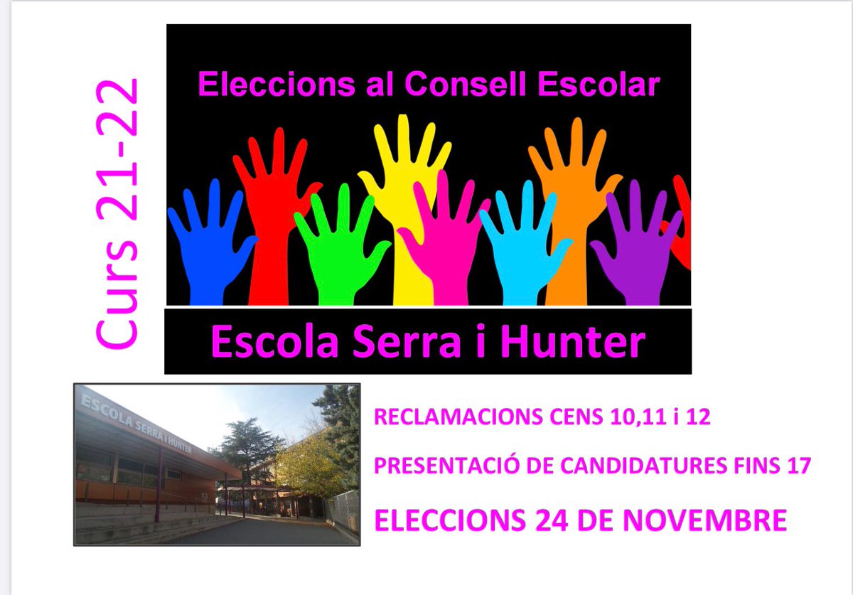 Comencen les ELECCIONS AL CONSELL ESCOLAR DE L'ESCOLA.
Podeu consultar el cens a la cartellera del porxo quan no hi hagi entrades i sortides de nens.