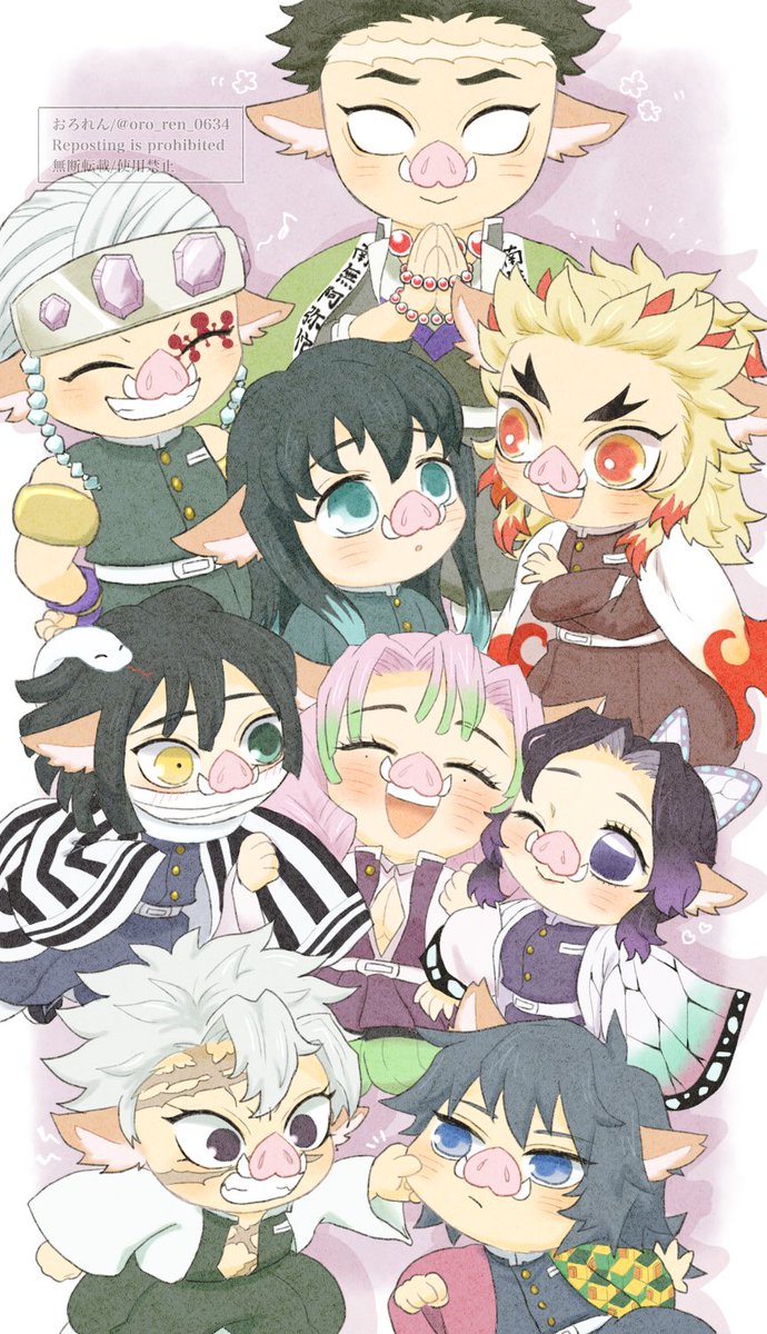 kanroji mitsuri ,kochou shinobu ,rengoku kyoujurou ,tomioka giyuu beads scar on forehead scar multiple boys butterfly hair ornament black hair haori  illustration images