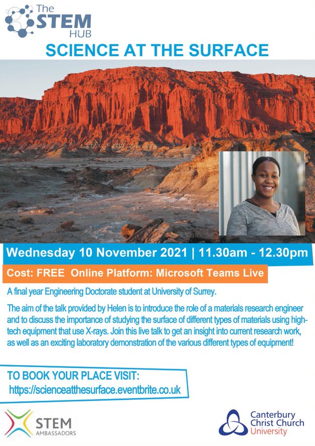 stem4sussex's tweet photo. Join #STEMAmbassador Helen for a LIVE TALK to hear about her role as a Materials #Research #Engineer &amp; the importance of studying the surface of materials using X-Rays Date: Wed 10 Nov 11:30–12:30pm
Register: https://t.co/awRU4nCQJN @UniOfSurrey #Teachers #Students  #STEM #TEWeek https://t.co/eRQ7Chvn08