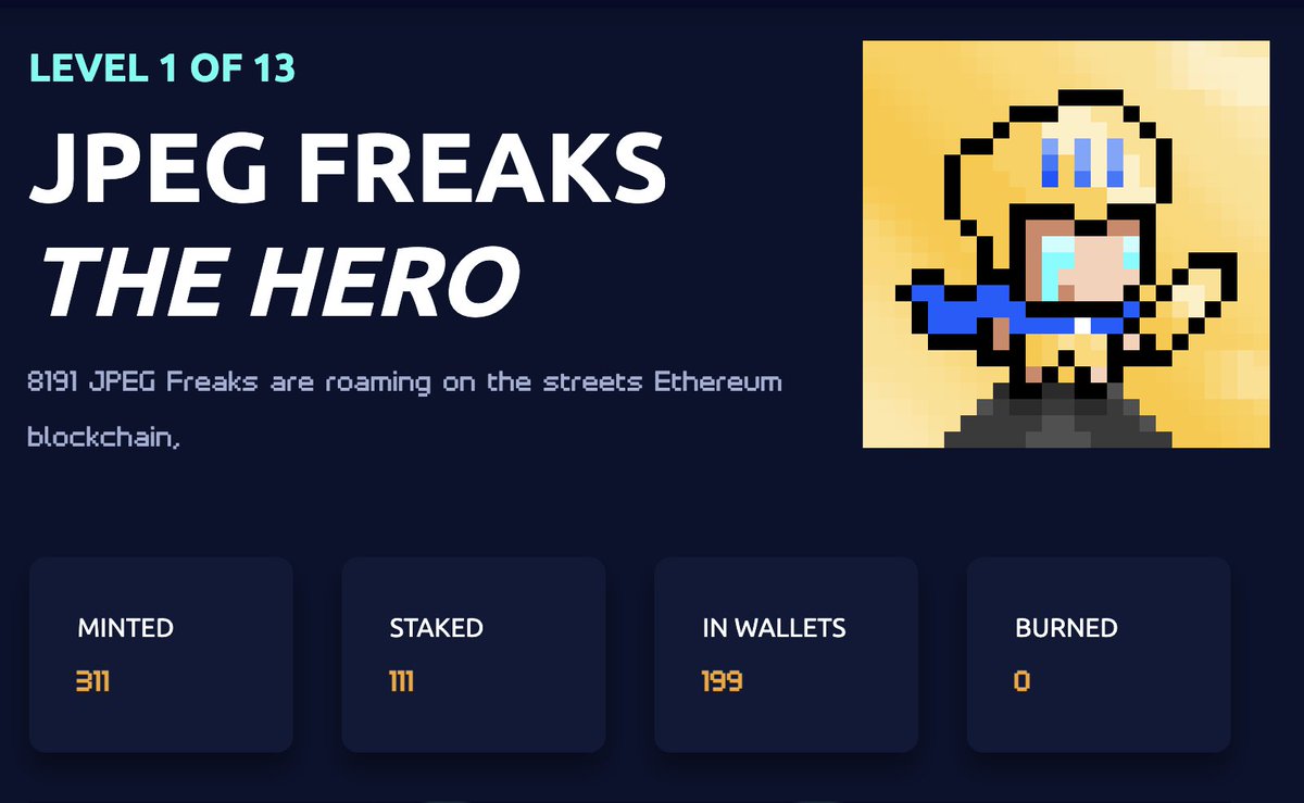 We've just launched our Public Mint 🚀
jpegfreaks.com 

310 JPEG Freaks #NFT was minted during the pre-sale and 100+ are already staked and earning $JUICE. 

Don't miss out to mint your JPEG Freaks, stake them to earn $JUICE and mint The Hero #8191 to unlock 100ETH.