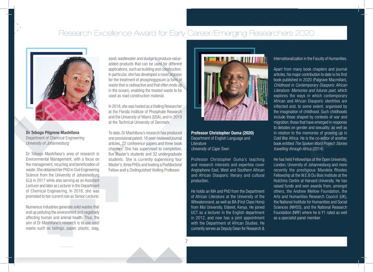 At the #NRFawards2021, we honoured 11 awardees with the "Research Excellence Award for Early Career/ Emerging Researchers". Link to their biographies: bit.ly/32cH6KO
1st cohort (2020):
Dr Basitere: CPUT
Dr Dludla: SAMRC
Prof Govender: UKZN
Dr Mashifana: UJ
Prof Ouma: UCT