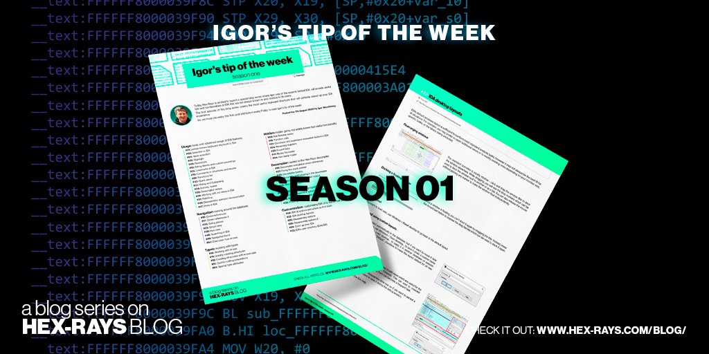 In case you missed it, we recently released Season 1 of “Igor’s tip of the week” blog posts in PDF format (All 52 of them!). We hope you find it useful!

Check it out : hex-rays.com/blog/igors-tip…

#HexRays #Igorstipoftheweek #IDA #ReverseEngineering
