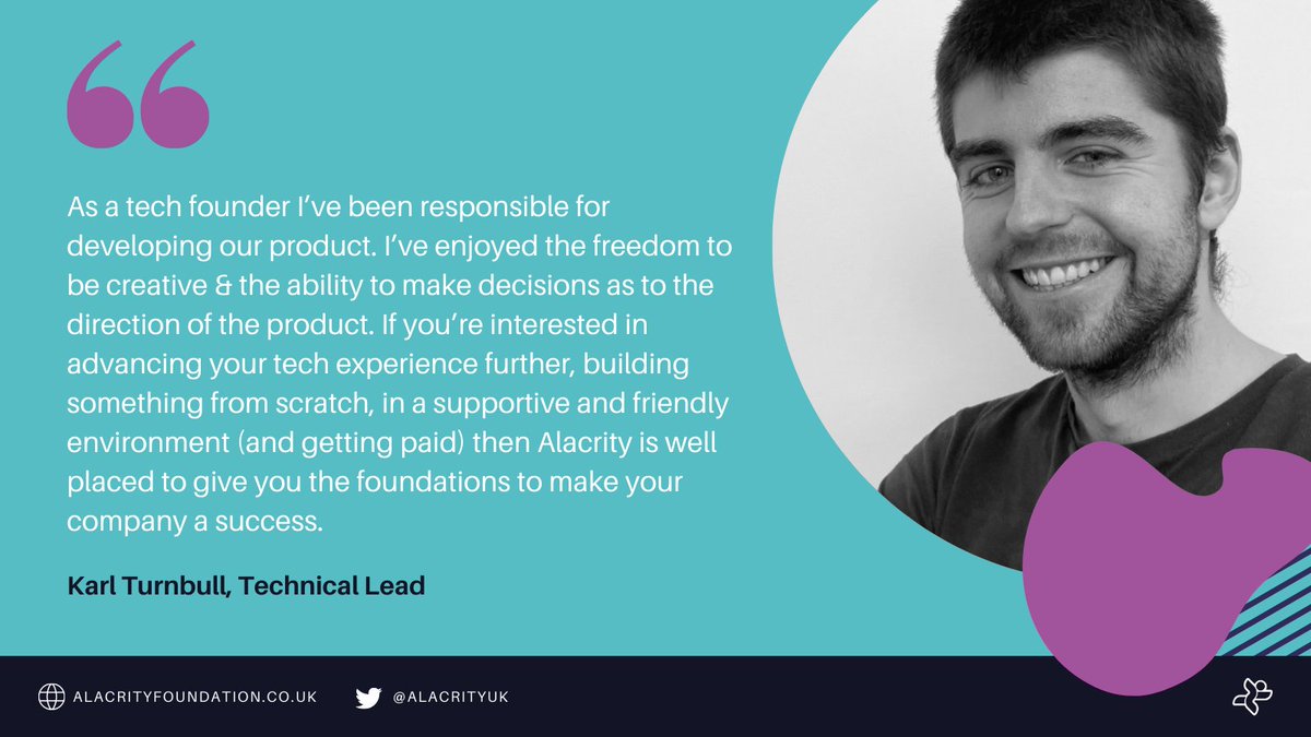 AlacrityUK's tweet image. We provide you with expert insight &amp;amp; enable you with the skills and expertise so that you can lead the business as a team. 

Our cohort members also get £1,500 per month tax-free stipend during the programme ✨ 

Karl Turnbull, a #tech lead shares his experience so far 👇🏼