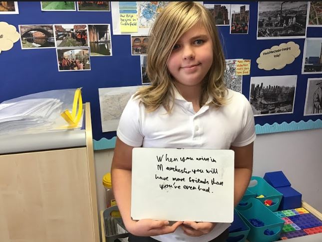 KingswayCT's tweet photo. Children in Year 5 and 6 at Cringle Brook have been learning about Amal's journey across Europe and how refugees make difficult journeys to safety. Today Amal is arriving in Manchester so they have written messages of welcome for her!@walkwithamal #actsofwelcome #LittleAmal https://t.co/dyNqePdQ5k