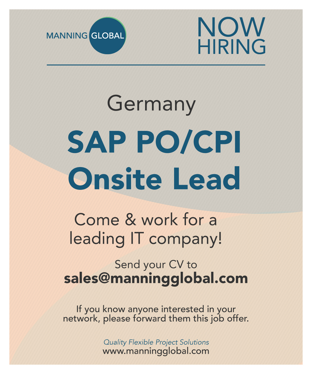 ManningGlobal's tweet photo. New #job in #Germany! 🇩🇪 

Our client, a leading #IT company, is recruiting for a SAP PO/CPI ONSITE LEAD! 

Send your CV to sales@manningglobal.com

#SAP #CPI #Cloud #WebUI #EclipseUI #Java #NWDS #Groovy #Troubleshooting #HTTP #REST #Proxy #SOAP #Netweaver #Java #Javascript #ICT https://t.co/wgu9Di3934