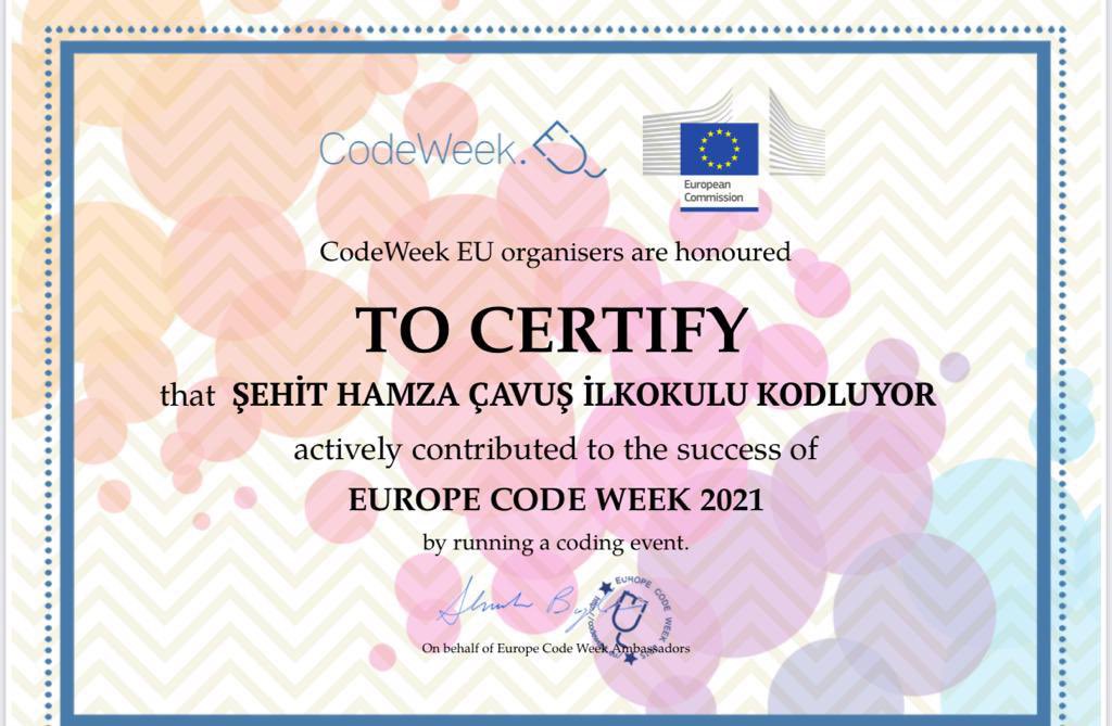 sehithamzacavu1's tweet image. Avrupa Kodlama Haftası Etkinlikleri katılım sertifikamızı aldık. @CorluMem @tekirdagmem @ilyasyilmaz59 @codeorgtr #codeweek2021