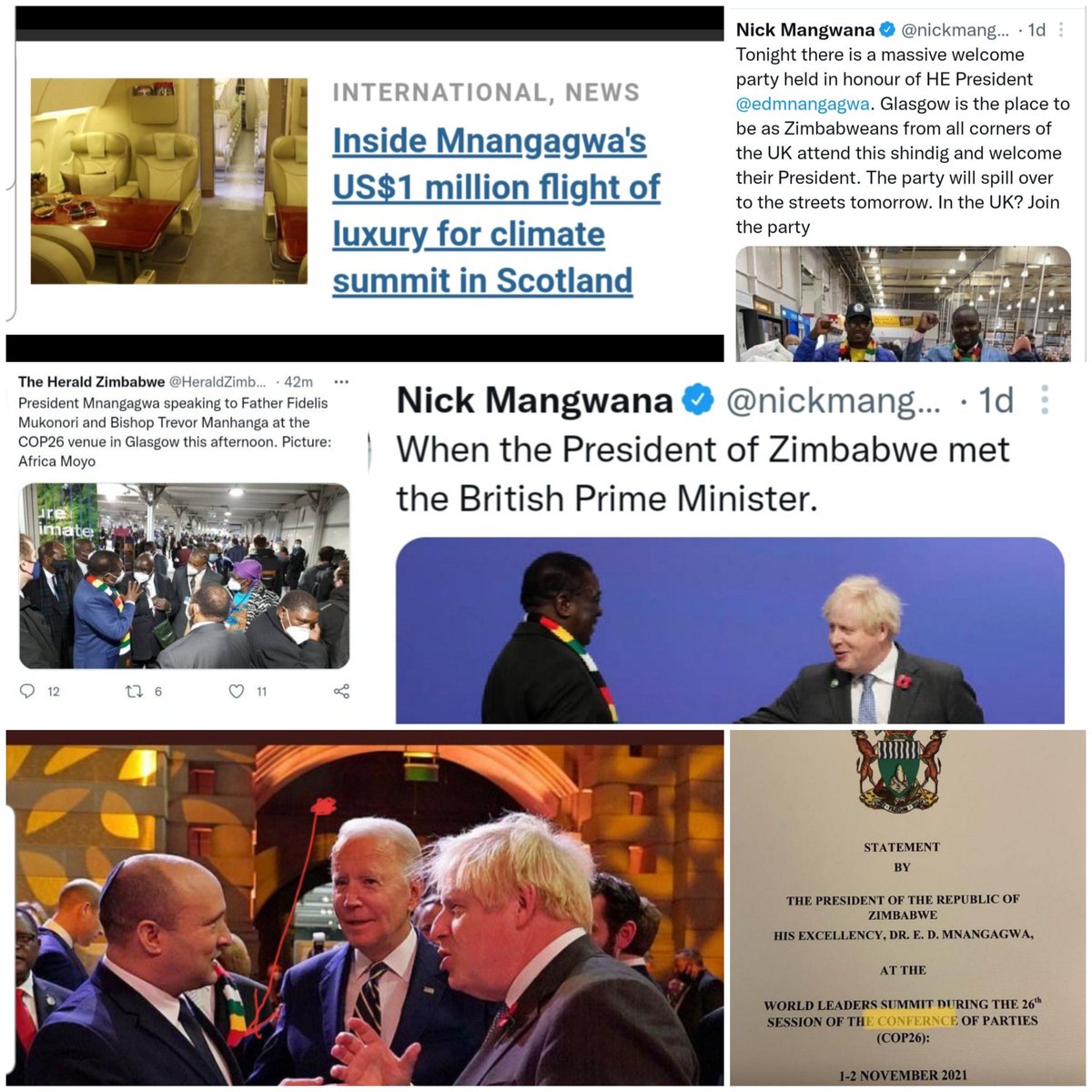 ProfJNMoyo's tweet photo. ZIM WAS EMBARRASSED by Mnangagwa's profligate US$1m charter flight to #COP26 with 7 clergy &amp; groupies while moaning  about sanctions; having a drunken welcome party; weaponizing a @UN summit in #UK as a diplomatic coup &amp; stalking world leaders for photo ops to fake RE-ENGAGEMENT! https://t.co/inVMs6Gure