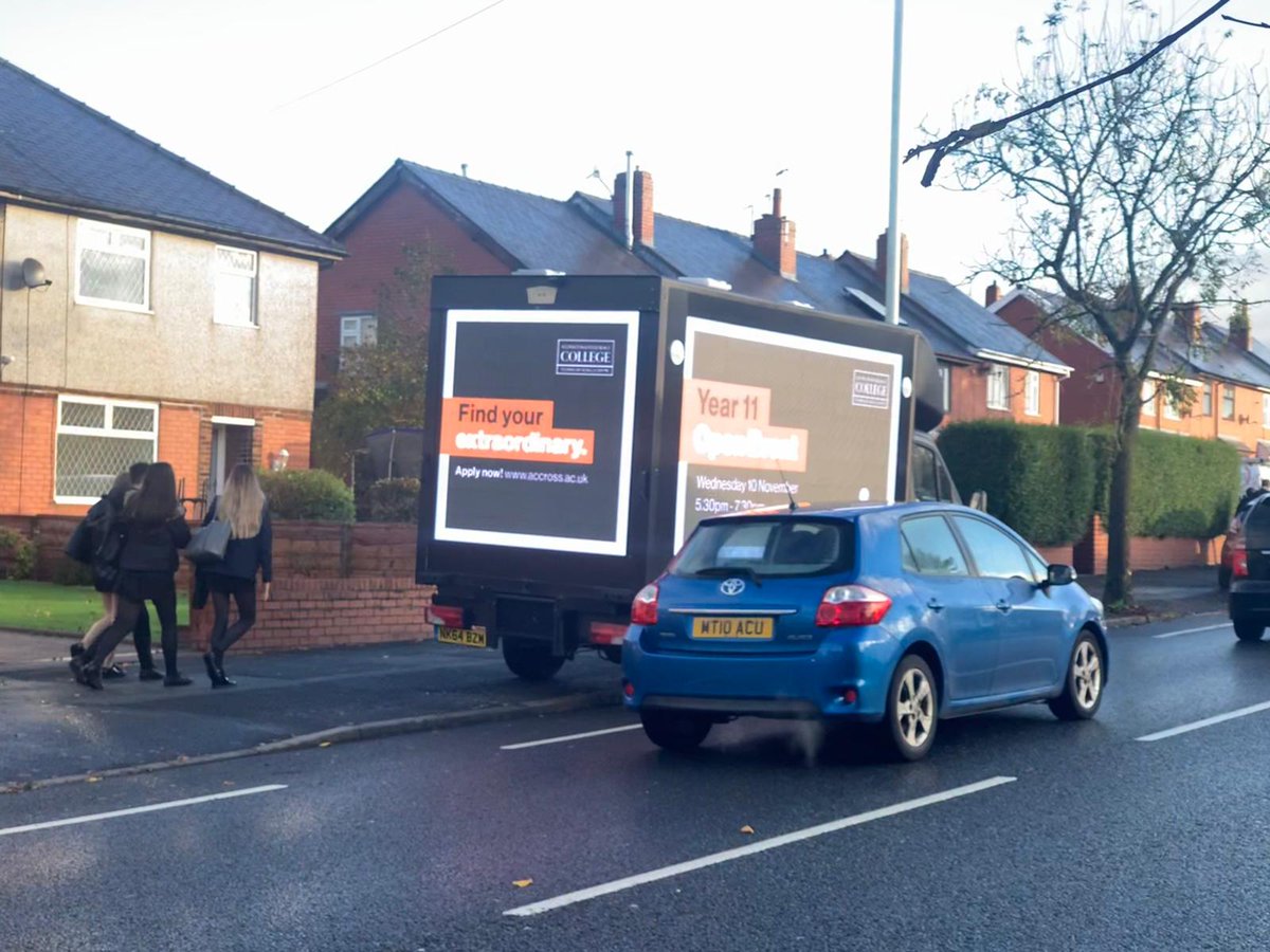PMA_Outdoor's tweet photo. Our #digitaladvan campaign is out and about in Accrington today promoting the Year 11 Open Event. @NelsonColneColl #ooh #impact https://t.co/A7YI5Nkdrp