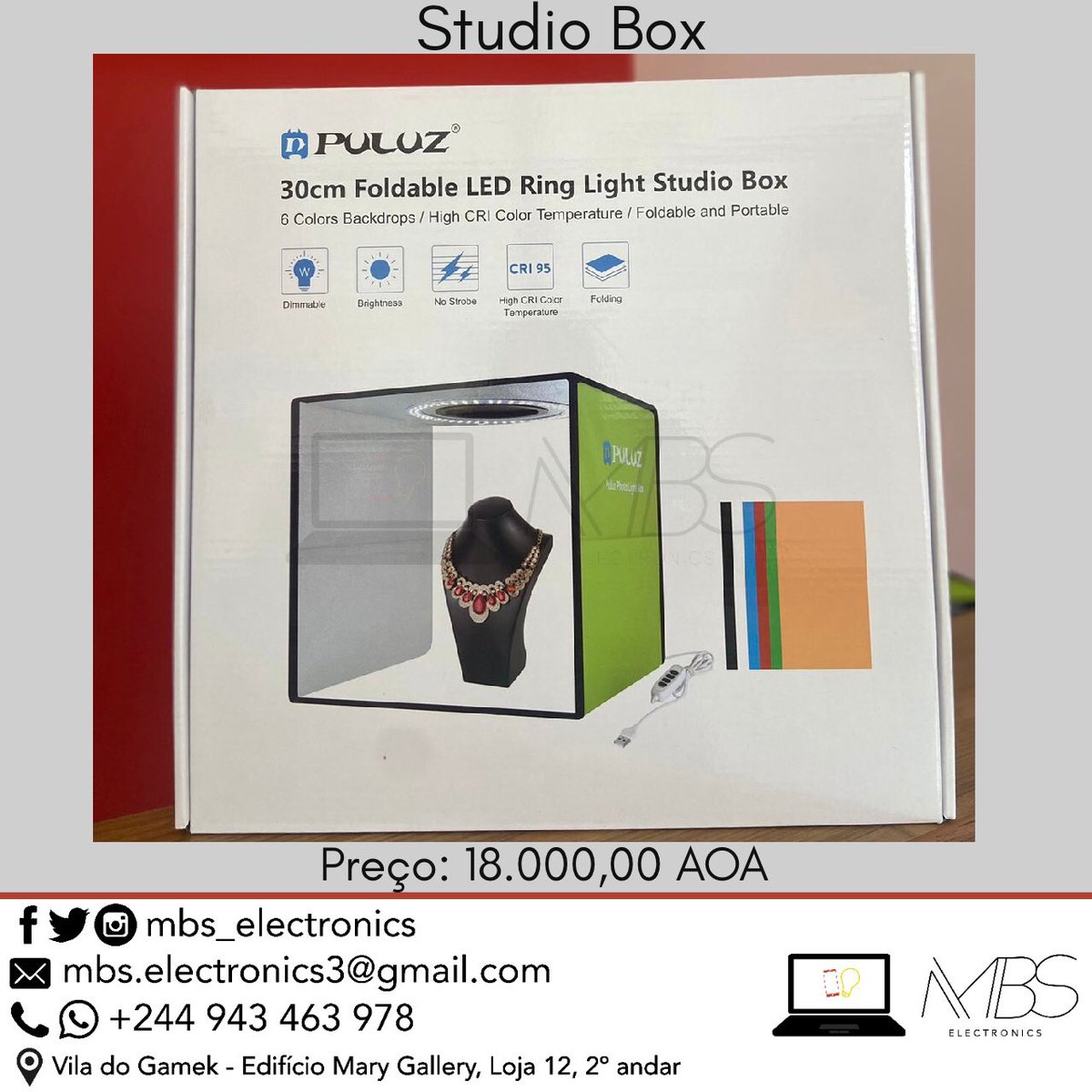 mbs_electronics's tweet photo. Studio box 

Torne as fotos dos seus produtos mais profissionais usando studio box com luzes led e diferentes cores para o fundo, de acordo a sua preferência 👌🏾

Preço: 18.000,00 AOA

Entrega ao domicílio disponível 🚚📦 

 #MBS #MBS_Electronics #studiobox #LojaMBS #TEAM_MBS💯🇦🇴 https://t.co/itsGUtGU1F