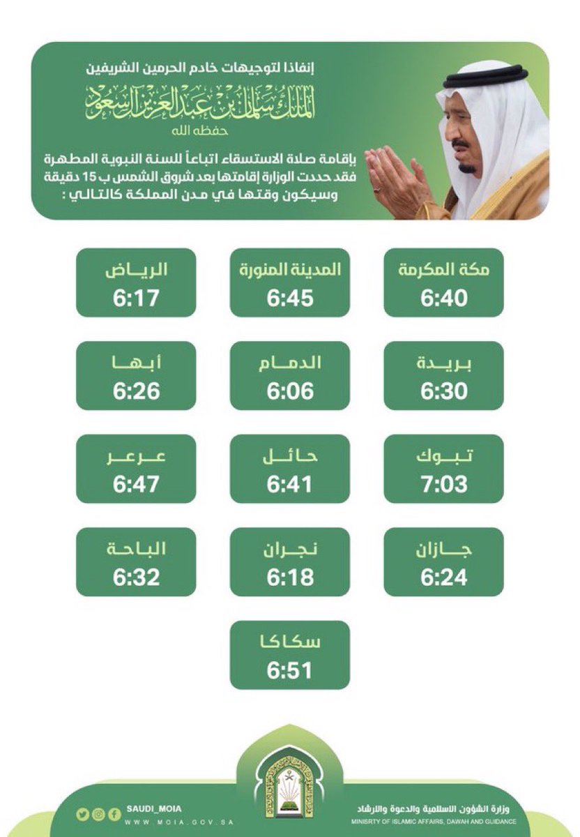 أوقات #صلاة_الاستسقاء في مدن المملكة غداً الخميس.
